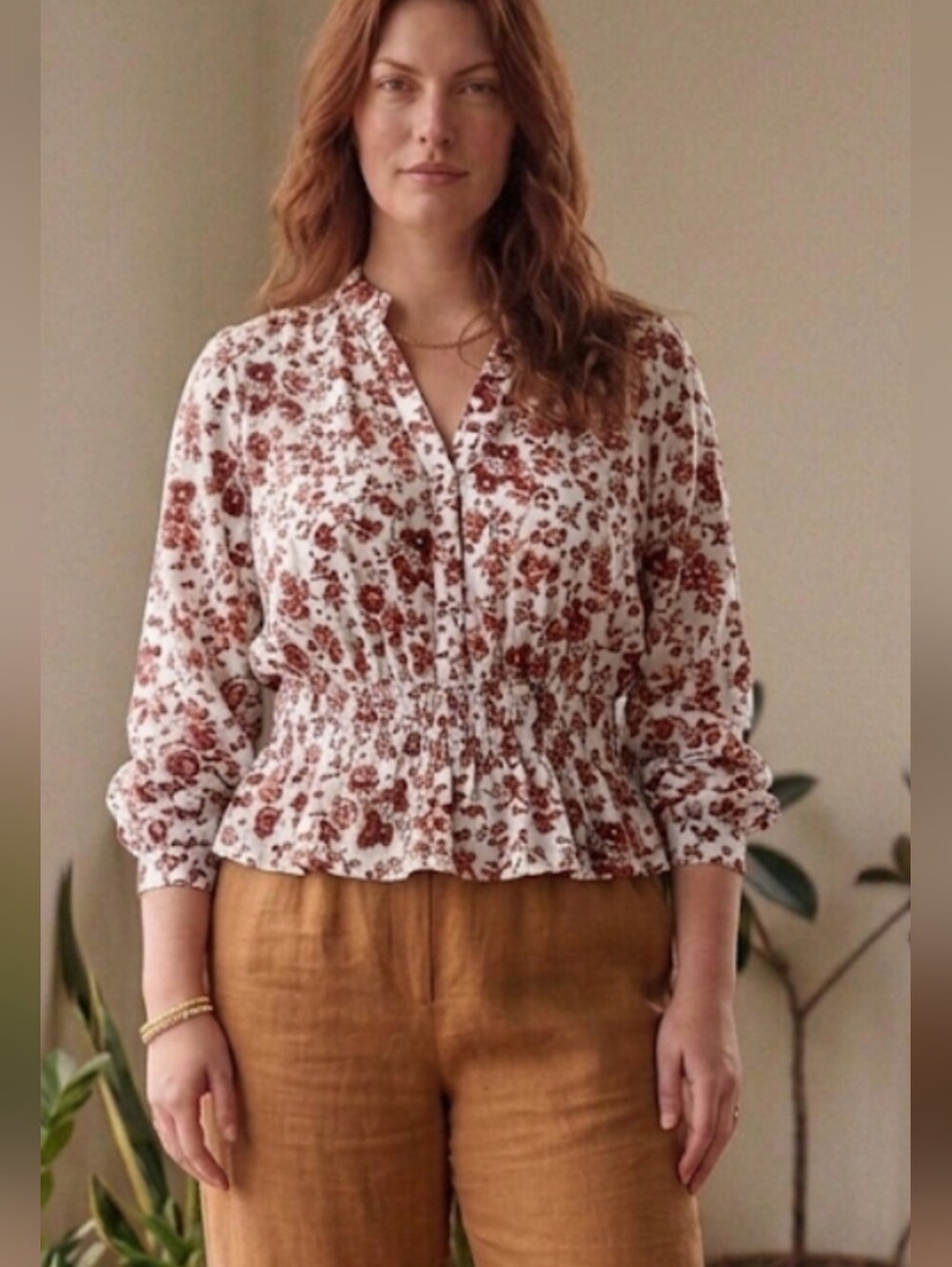 Anthropology Floral Waist Peasant Blouse - White & Rust Brown Sz L